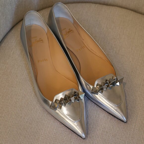 Silver Christian Louboutin Spiked Flats - Picture 3 of 10